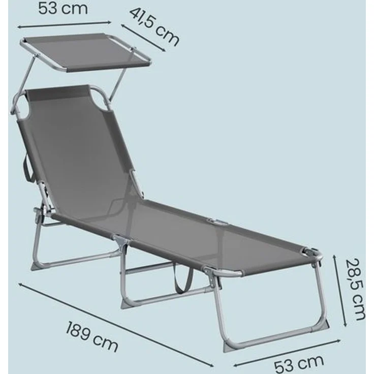 SONGMICS Sonnenliege klappbar, belastbar bis 110 kg, verstellbare Sonnenblende, Rückenlehne, grau – Bild 5