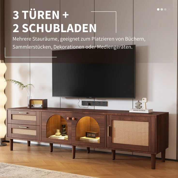 TV-Schrank, mit Rattan-Schubladen, 3 Türen, LED-Licht & höhenverstellbaren Füßen, 180x40x50 cm, Braun – Bild 8