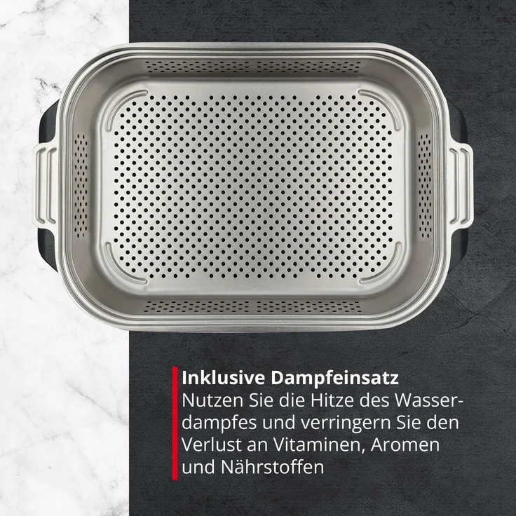 MEISTERKOCH Profi-Bräter 7,5 l mit Glasdeckel, eckig, schwarzer Alu-Guss, Induktion-geeignet mit Dämpfeinsatz, backofengeeignet bis 300°C, spülmaschinengeeignet, Bratenthermometer – Bild 4
