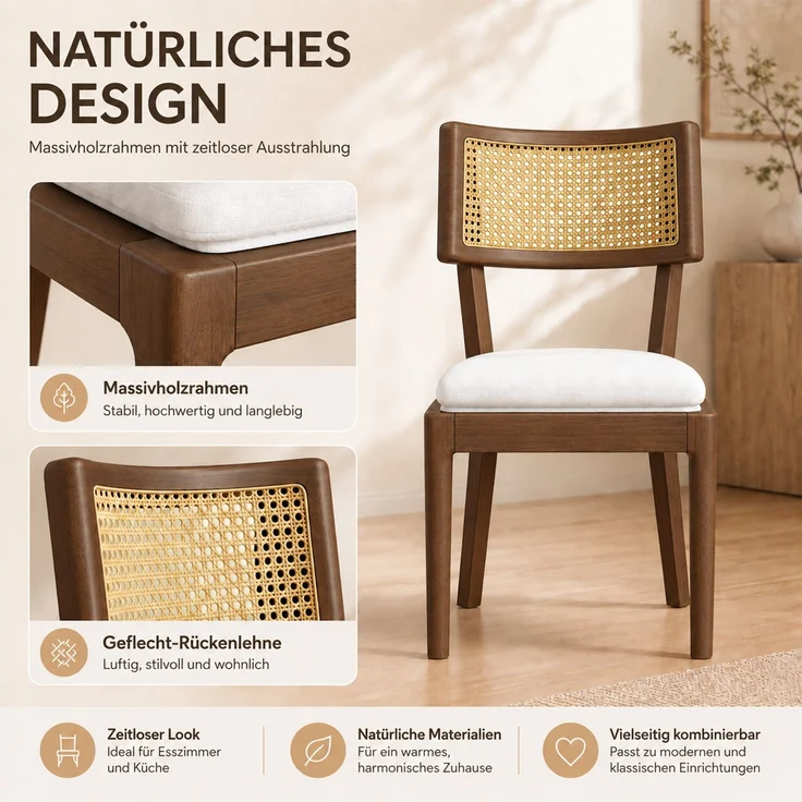 4 Esszimmerstühle aus Massivholz mit Rattan-Rückenlehnen, bequem und atmungsaktiv, geeignet für Esszimmer, Wohnzimmer, Cafés, moderner Stil, Leinen, Walnussholzfarbe und Beige – Bild 9