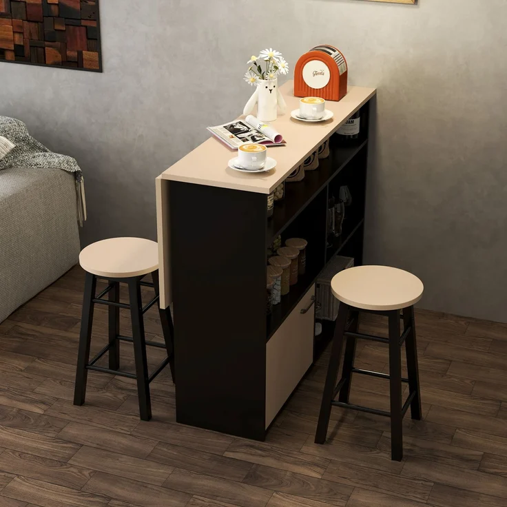 Bartisch mit Barhocker Set, 3-teiliges Bartisch Set, Esstisch mit Klappbarer Tischplatte, Küchentisch mit Schrank, Essgruppe für Esszimmer, Wohnzimmer, Schwarz--Schwarz--116x70x89.5cm--YOUDENOVA – Bild 7