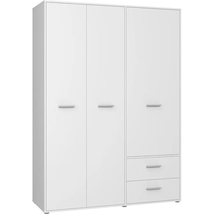 FORTE Jupiter Schrank 140 150, weißer Kleiderschrank, Drehtürenschrank, 3-türig, mit 2 Schubladen und Einlegeböden, Weiß, 145 cm breit x 53 cm tief x 200 cm hoch