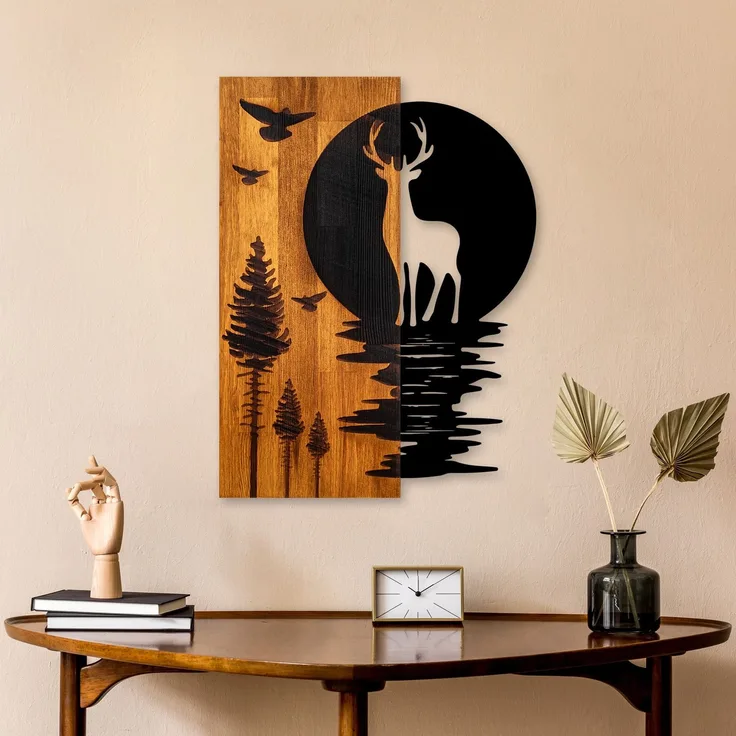 Wallity 'Deer and Moon' Dekoratives Wandaccessoire aus Holz, Walnuss / Schwarz, 58 x 3 x 43 cm