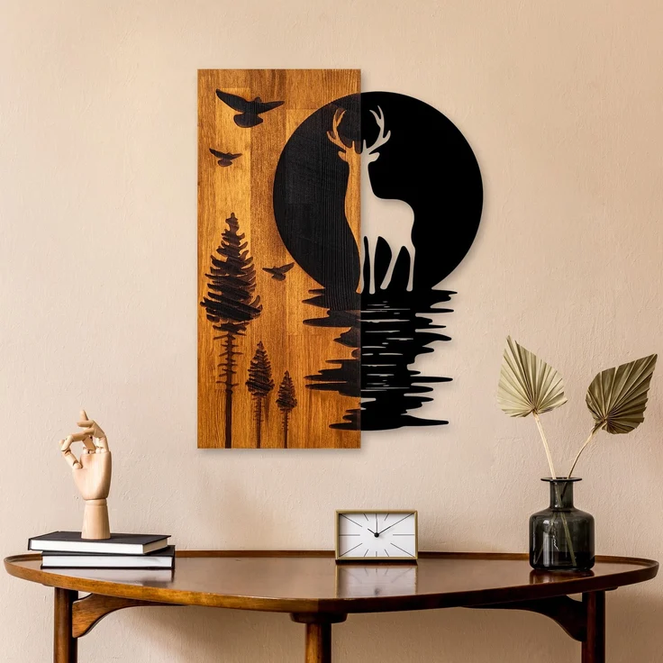 Wallity 'Deer and Moon' Dekoratives Wandaccessoire aus Holz, Walnuss / Schwarz, 58 x 3 x 43 cm – Bild 1