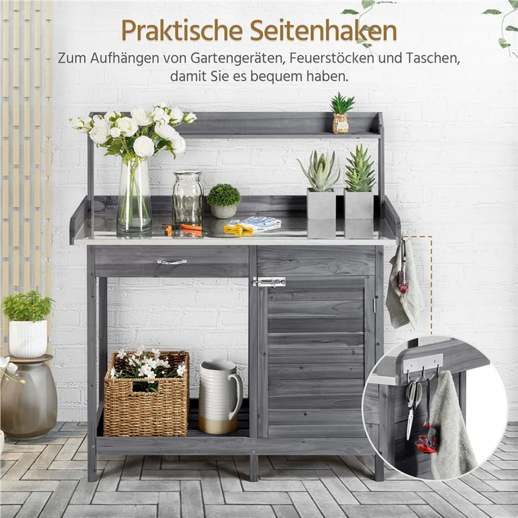 Yaheetech Pflanztisch Garten Pflanztisch mit Schubladen & Unterschrank, Outdoor Gärtnertisch Holzpflanztisch mit verzinkt Arbeitsplatte, Grau – Bild 10