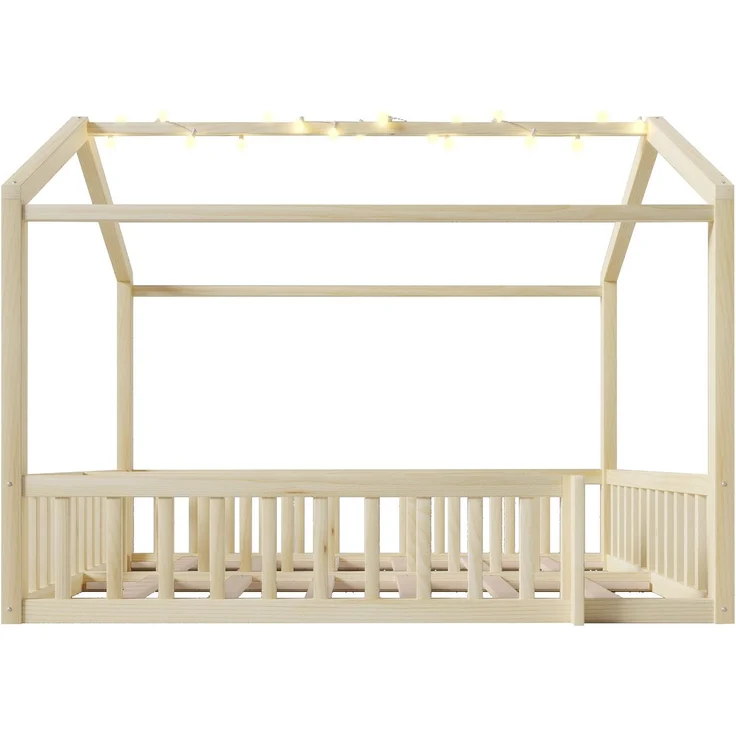 Hausbett mit LED Kugel-Lichterkette, 90x190cm*2/180x190cm, Kinderbett mit Rausfallschutz und Lattenrost, Kiefer – Bild 7