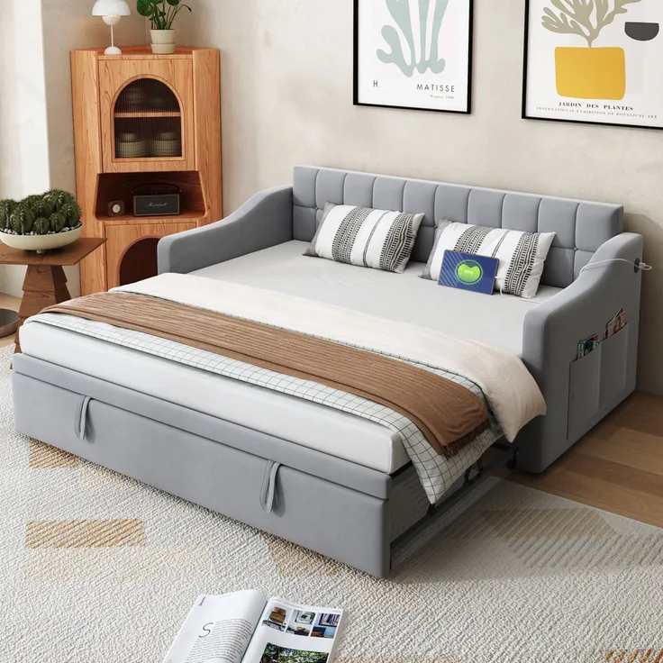 Polsterbett, Schlafsofa 2 in 1 Multifunktionsschlafsofa Samtstoff Polsterbett mit Steckdose und Aufbewahrungstasche, Samtstoff, Hellgrau, 90 x 180 x 190 cm