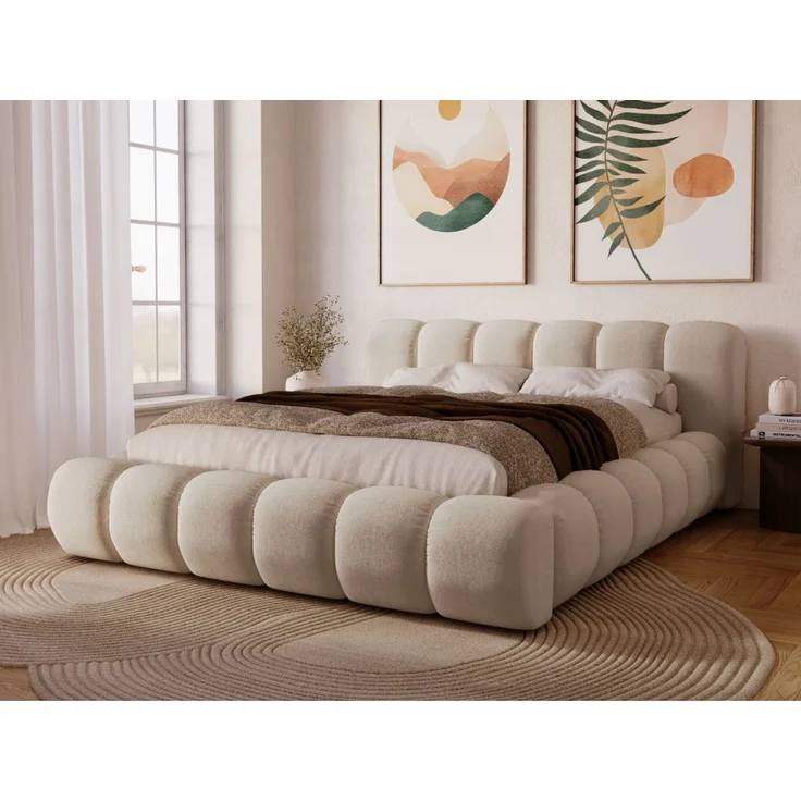 GRAINGOLD Doria Doppelbett 180x200, mit Kopfteil, Lattenrost, Bettkasten, Velour-Stoff, Beige – Bild 1