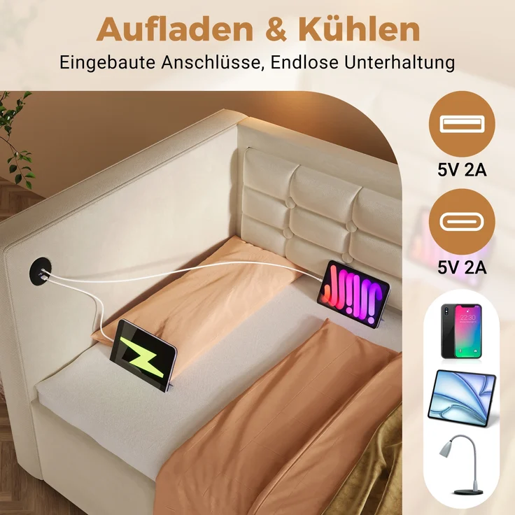 Polstertes Schlafsofa, Samt mit USB-Ladestation, 90x200 cm, Beige, ohne Matratze – Bild 6