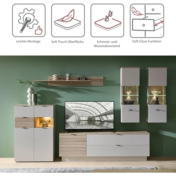 Stella Trading INA Wohnwand Komplett-Set in Kaschmir, Riva Eiche Optik FSC-Zertifiziert - Moderne Schrankwand 6-teilig mit LED-Beleuchtung für Ihr Wohnzimmer - 340 x 200 x 44 cm (B/H/T) – Bild 3