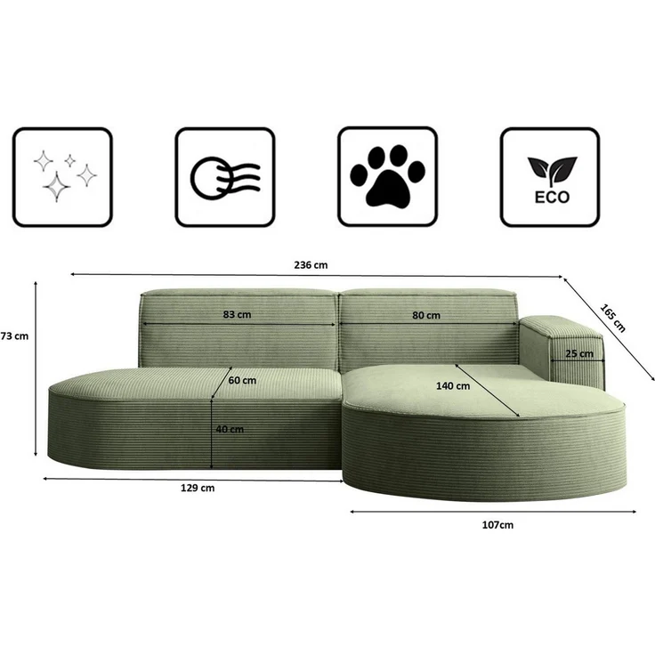 Kaiser Möbel Ecksofa Designer MODENA STUDIO L stoff Cord, Ecksofa, Cord Sofa, L-Form, Links/Rechts wählbar – Bild 2