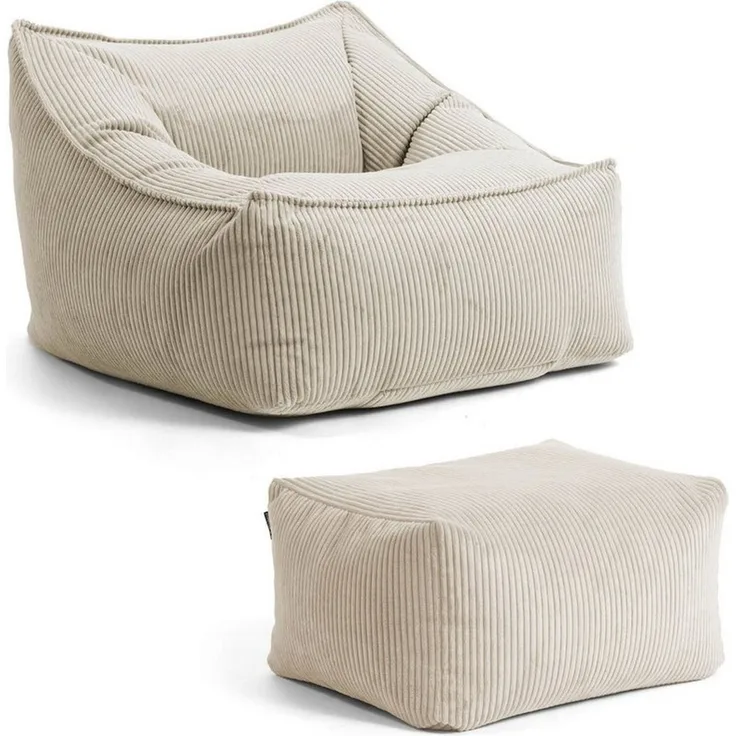 mokebo Sitzsack Sessel mit Hocker aus Cord 'Der Lümmel', XXL Sitzsack, Cord Sessel oder Sitz Sessel für Wohnzimmer und Wintergarten, auch als Riesensitzsack in 95 x 75 x 60 (BxHxT in cm) in Beige