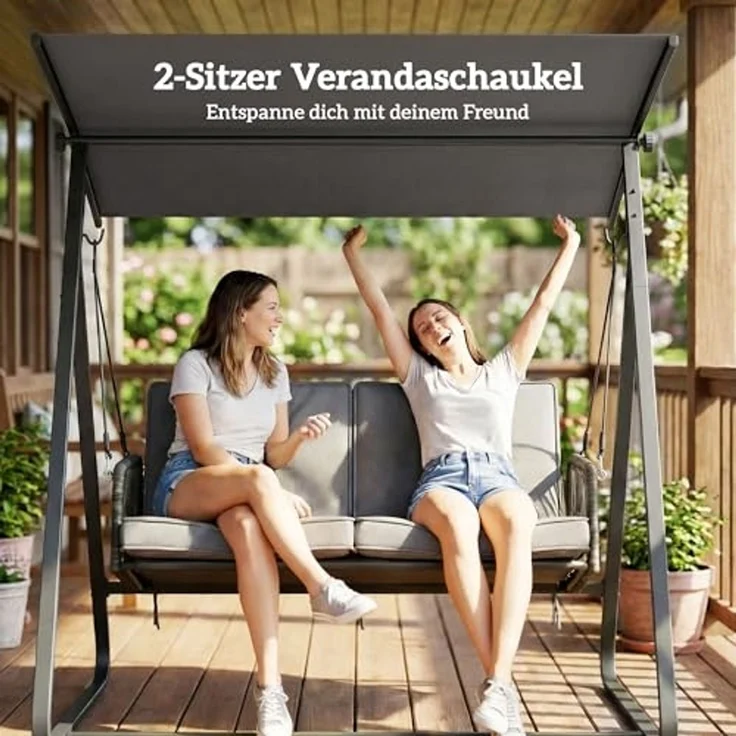 Outsunny Hollywoodschaukel mit Verstellbarem Sonnendach, weichem Kissen, A-Rahmen, 2-Sitzer, verstellbares Dach, Schaukelbank, geeignet für 2 Personen, Gartenschaukel, 3 tlg, 2-Sitzer Schaukelbank, für Garten Terrasse 150 x 128 x 168 cm Dunkelgrau – Bild 3