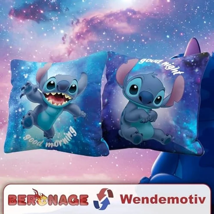 BERONAGE Dekokissen Lilo & Stitch Kissen Out of The World 40x40 cm Good Morning Good Night, passend zur Bettwäsche, ideal für Sofa, Couch, Kinder-Bett, Auto – Bild 6