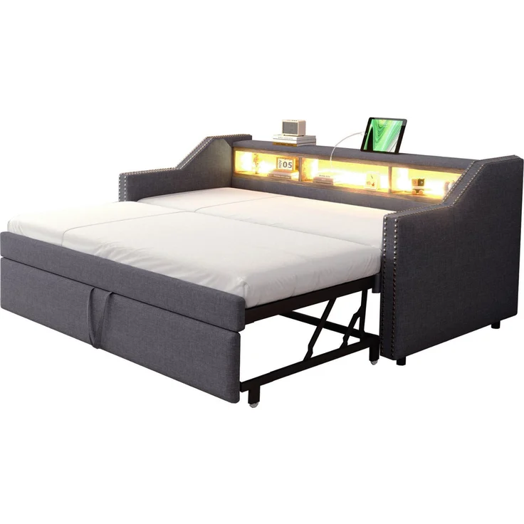 Polsterbett Ausziehbares Schlafsofa 90/180 x 190 cm, Multifunktionales Staufach, LED-Licht und USB-Buchse, mit Lattenrost, Dunkelgrau – Bild 5