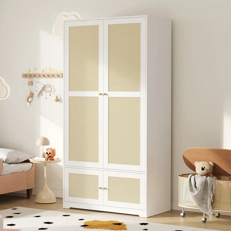 Kleiderschrank 90 x 48 x 180 cm mit Rattantüren, MDF und Kleiderstange, Weiß – Bild 3