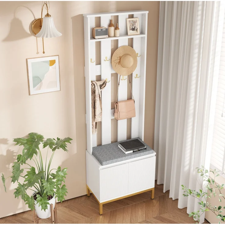 DESVIAE Garderobenschrank Weiß aus MDF/Spanplatte – 60x191,5x35,5 cm – LED-Beleuchtung, 8 Doppelhaken – Bild 6