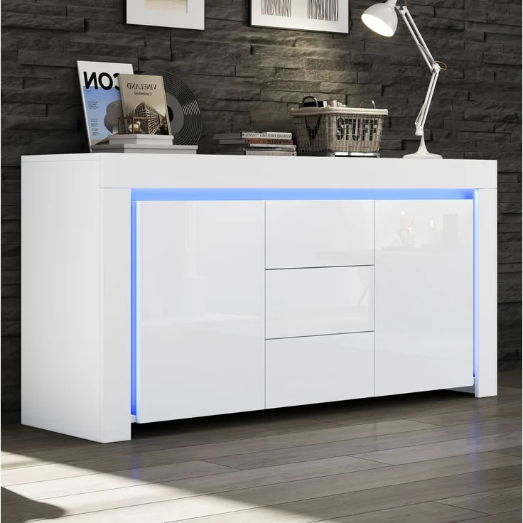 DESVIAE Sideboard mit LED-Beleuchtung, 2 Türen und 3 Schubladen 140x65x40 cm MDF Weiß