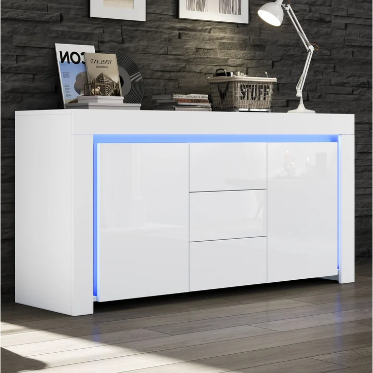 DESVIAE Sideboard mit LED-Beleuchtung, 2 Türen und 3 Schubladen 140x65x40 cm MDF Weiß – Bild 1