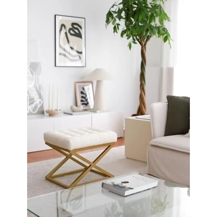 Atelier Del Sofa Stylish Pouffe with Metal Frame, Cream Teddy Fabric, 50 x 42 x 40 cm | Durable & Comfortable Seating for Modern Living Rooms & Bedrooms – Bild 4