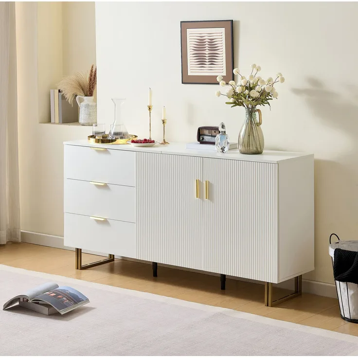 DESVIAE Sideboard mit 3 Schubladen und 2 Türen 160x81,5x40 cm MDF Weiß