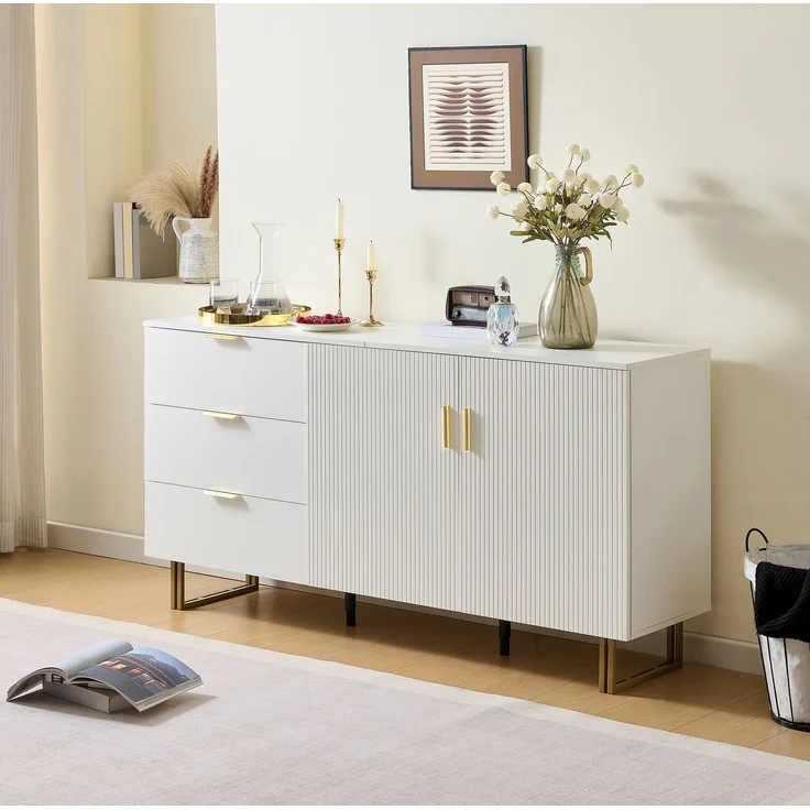 DESVIAE Sideboard mit 3 Schubladen und 2 Türen 160x81,5x40 cm MDF Weiß – Bild 1