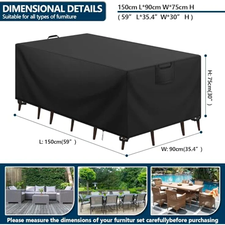 Aujink Abdeckung Gartenmöbel Winterfest, Wasserdichte Schutzhülle Gartenmöbel 420D Oxford Anti-UV Abdeckplane für Gartentische Terrassenmöbel Regenschutz und Staubfest Abdeckhaube Schwarz 150 x 90 x 75 cm – Bild 3