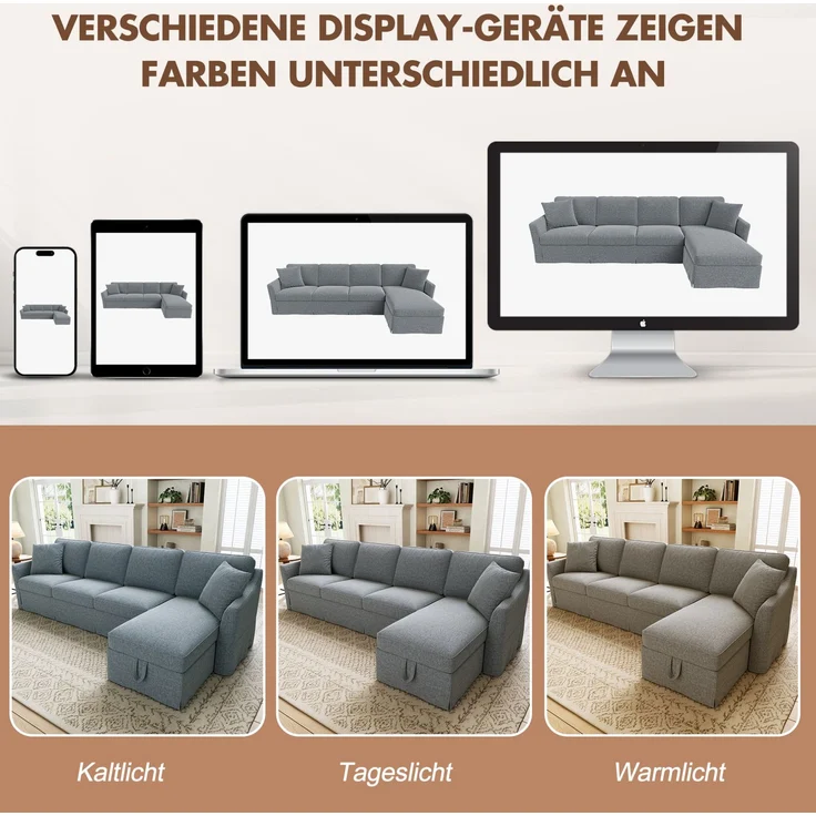 Ecksofa 274 x 128,5 x 83 cm mit Stauraum-Chaiselongue und waschbaren Bezügen, Grau – Bild 9