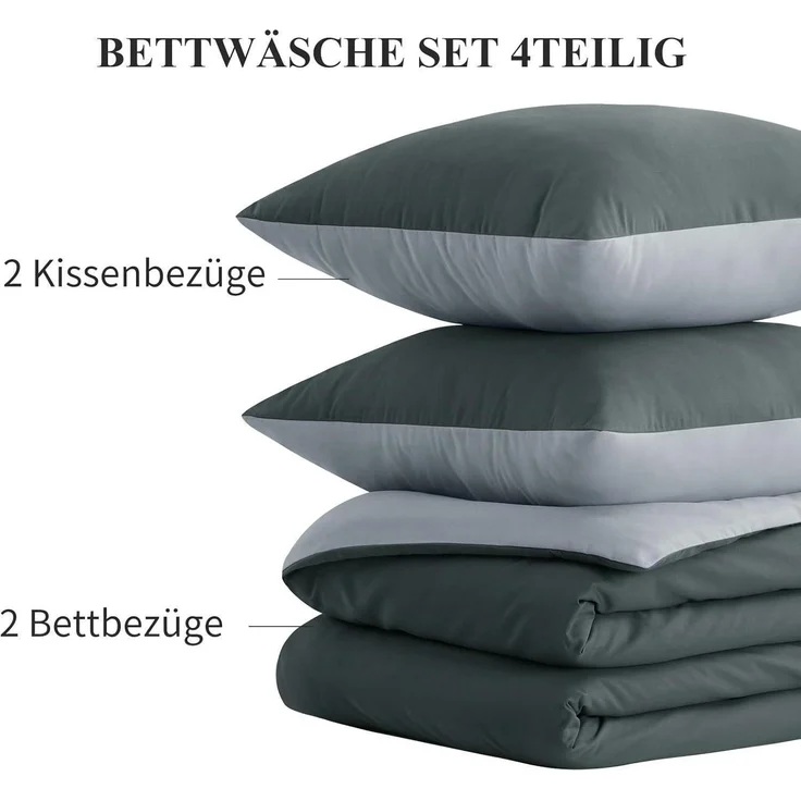 Wendebettwäsche 135x200 Grau 4tlg Mikrofaser Reißverschluss – Bild 7