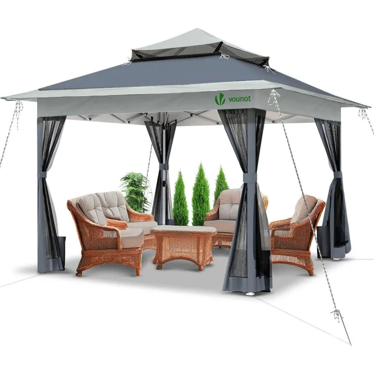 VOUNOT Pavillon Faltbar 3,6x3,6 m, Pop Up Partyzelt mit Mesh Sides & Doppeldach, Faltpavillon Stabil mit Bein Gewichte & Roller Bag, Gartenpavillon Gartenzelt Grau