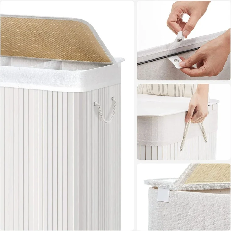 Songmics Wäschekorb mit 3 Fächern, Bambus Weiß, 150L / 60 x 40 x 61,5 cm – Bild 8