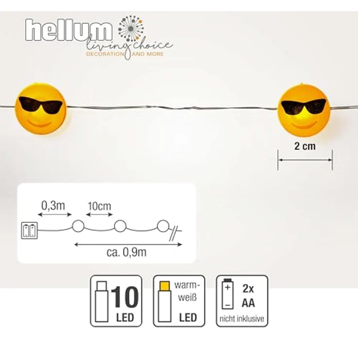 hellum LED Kupfer-Lichterkette, Cool-Emoji mit 2 cm Durchmesser, 10 warmweiße LEDs, 90 cm Lichtlänge, Kabel silber, Indoor, batteriebetrieben (2AA), 522952 – Bild 4