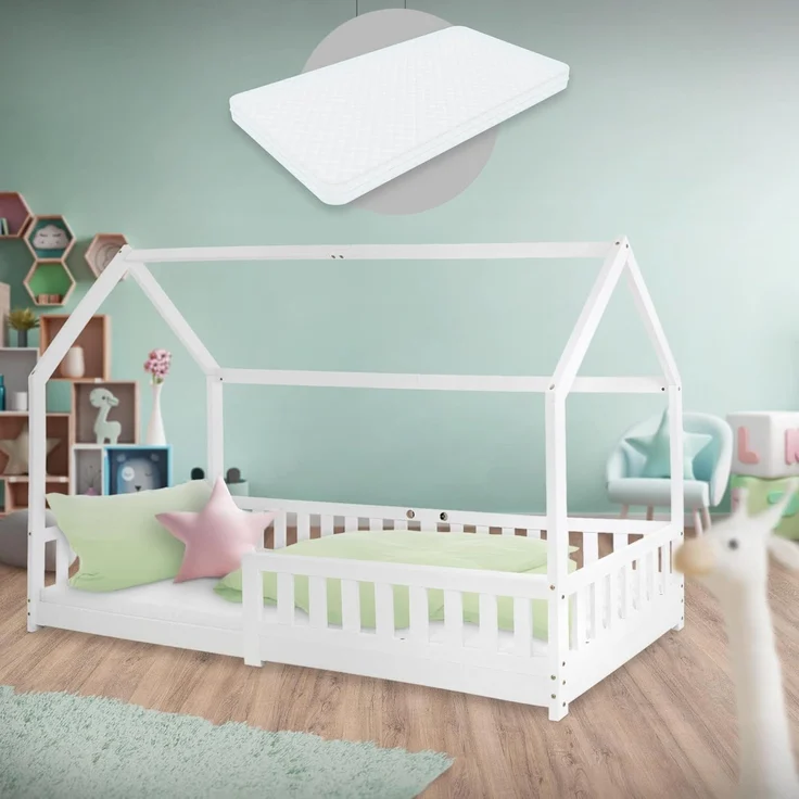 ML-DESIGN Kinderbett Hausbett mit Rausfallschutz, Dach und Lattenrost Massivholz, Bett 90x200 cm Weiß mit Matratze 10cm für Mädchen Jungen Holzbett – Bild 1