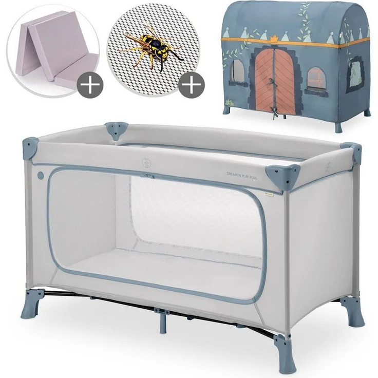 Hauck Baby-Reisebett Dream N Play Plus - Dusty Blue, Kinderreisebett mit Eingang, Matratze, Moskitonetz & Spielzelt faltbar – Bild 1