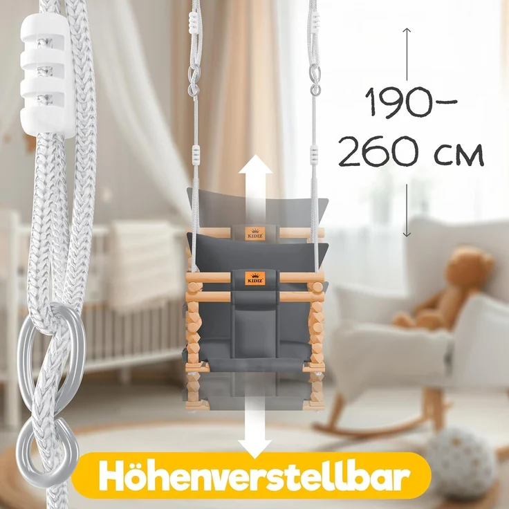 KIDIZ® Babyschaukel Kinderschaukel Schaukelsitz mit Polsterung | Holz-Schaukel mit Anti-Kipp bis 60KG | Höhenverstellbar Indoor & Outdoor | 0,5 - 3 Jahre | Montagezubehör & Sicherheitsgurt Anthrazit – Bild 6