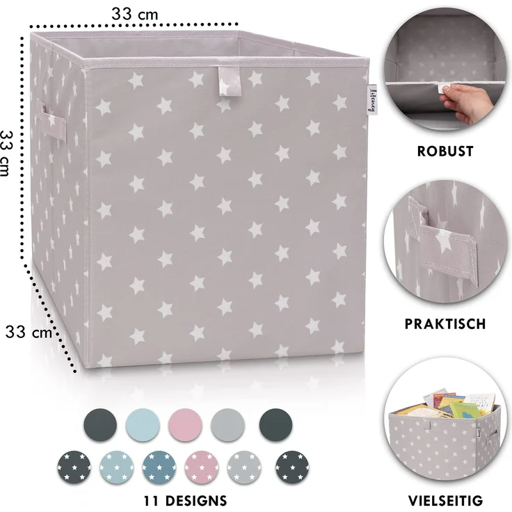 LIFENEY Aufbewahrungsbox mit Sternenmotiv in Hellgrau I Spielzeugbox mit Sternen passend für Würfelregale I Ordnungsbox für das Kinderzimmer I Aufbewahrungskorb als Accessoire | 33x33x33 cm – Bild 2