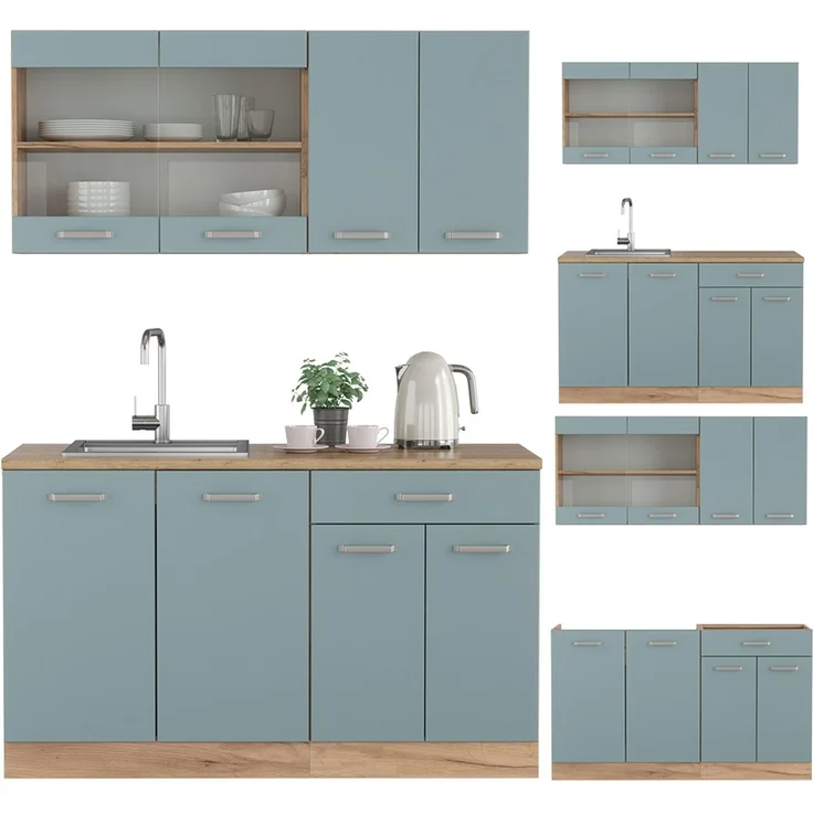 Küchenzeile R-Line Blau-Grau/Goldkraft Eiche 140 cm , AP Eiche Vicco – Bild 6