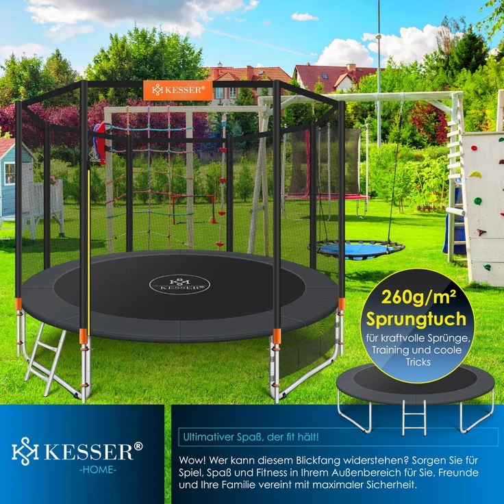 KESSER® Trampolin, Ø 305 cm, mit Sicherheitsnetz, Leiter, Randabdeckung, Seitentasche & Zubehör, Orange – Bild 4