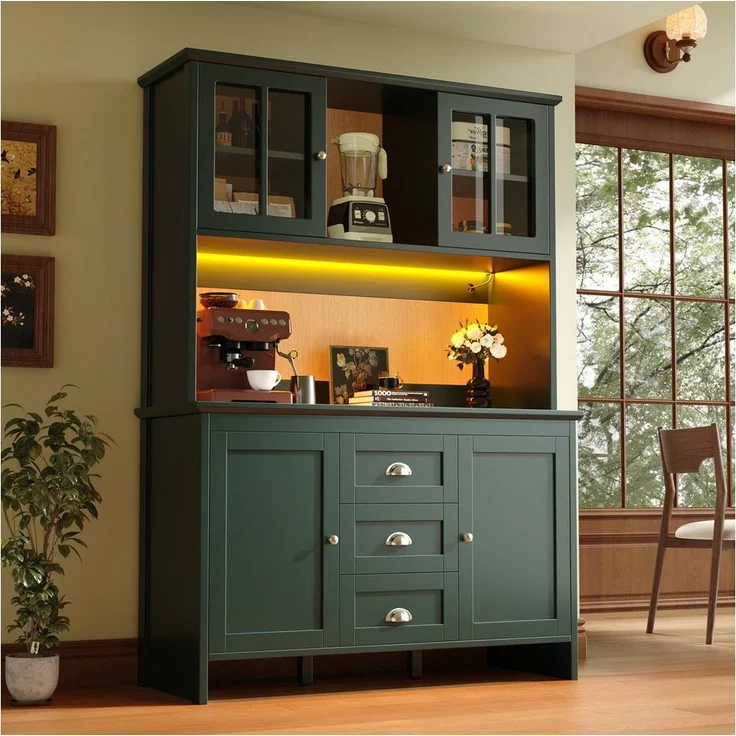 Flieks Küchenbuffet mit LED-Beleuchtung, Schubladen und Glastüren in Retro-Stil (1-St, B120/T40/H179 cm) Hochschrank Küchenschrank Geschirrschrank mit verstellbare Ablagen – Bild 5