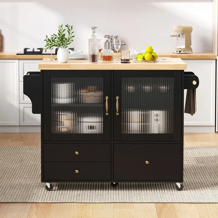 Merax Kücheninsel mit Rollen und ausziehbarem Esstisch, Küchenwagen mit Weinglashalter und Stauraum, Ideal für Küche und Esszimmer (Schwarz) – Bild 2