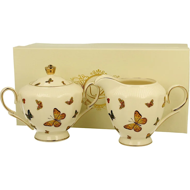 DUO ECRU BUTTERFLIES Zuckerdose und Milchkännchen, New Bone China Porzellan – Bild 2