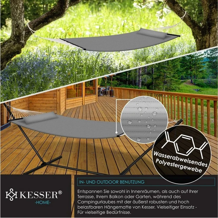 KESSER® Hängematte HILL mit Gestell Kissen Doppelhängematte für 2 Personen-Stabiler Rahmen -200kg Belastbarkeit Indoor & Outdoor XXL Hängesessel Doppel Mehrpersonen Garten Pool Balkon Terrasse Grau – Bild 3