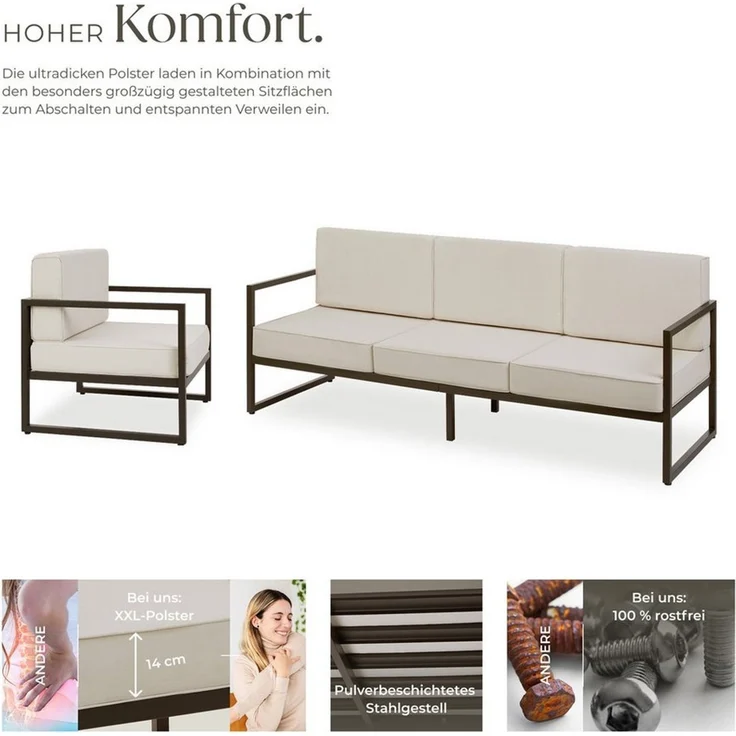 tectake® Gartenlounge Outdoor Set, Sofa 3 Sitzer 2X Gartensessel, Relaxsessel Garten mit Gartenbank, Gartenmöbel, Balkonmöbel, Terrassenmöbel, Wintergarten, Sitzecke Outdoor - 5 Sitzplätze – Bild 2