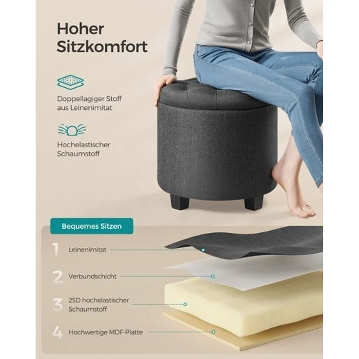 SONGMICS Sitzhocker rund, Fußhocker mit Stauraum, Schminkhocker mit Beinen, 45 cm d, 44,5 cm H, bis 150 kg belastbar, für Wohnzimmer Schlafzimmer, dunkelgrau LOMDE011G01V1 – Bild 5