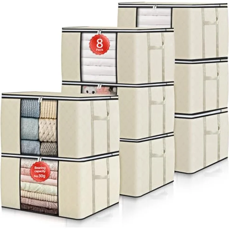 GoMaihe 90L Aufbewahrungstasche 8 Stück, Aufbewahrungsbox mit Deckel Groß Verstärkte Griffe, Kleidung Umzugskartons für Bettdecken, Unterbett Aufbewahrung Kleiderschrank Boxen Organizer Beige – Bild 1