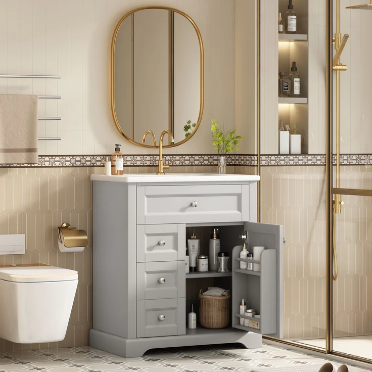 76x46x87cmBodenstehender Badezimmerschrank mit Waschbeck, Waschtisch, feuchtigkeitsbeständig lackiert, Soft-Close-Schubladenführungen, Türregale,ausklappbare Schublade,verstellbare Ablagefläche, grau – Bild 3