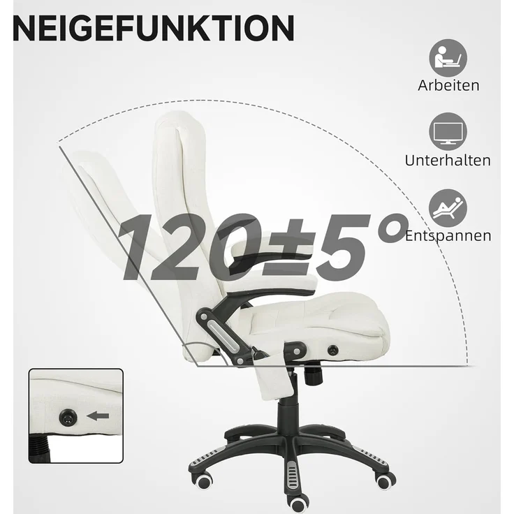 Vinsetto Schreibtischstuhl Bürostuhl mit Vibrationsmassage, Heiz-, Liegefunktion (Massagesessel, 1 St), für Wohnbereich, Weiß – Bild 7