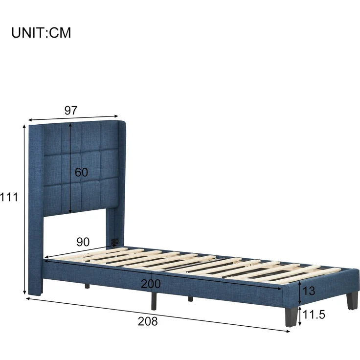EINHOM Modernes Design Polsterbett mit Seinem Gepolstertes Kopfteil Einzelbett mit Lattenrost, 90 x 200 cm, in Blau Leinen, Mittelfest, (Mit Matratze) – Bild 7
