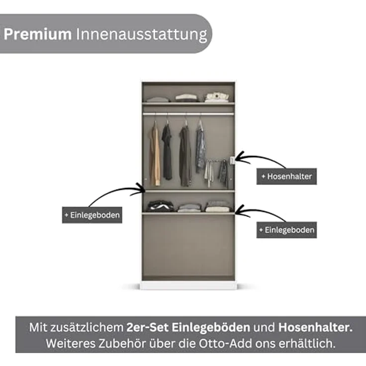 Rauch Möbel Costa, Kleiderschrank für Schlafzimmer, Kinderzimmer, Babyzimmer, Garderobe, Flur, 2-türig, 2 Schubladen, Push-to-Open, mit Zubehör Premium, Farbe Grau metallic, Schwarz, Breite 91 cm – Bild 8
