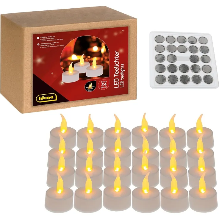 Idena LED Teelichter Warmweiß, 24 Stück | elektrische Kerzen mit flackerndem Licht, inkl. Batterien, für Innen, Basteln, Party, Weihnachtsdeko, Hochzeit, 50023